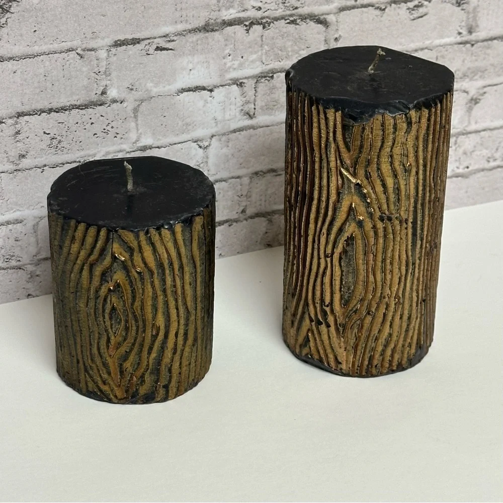 Log Wood Design Black Gold Candles Set of 2